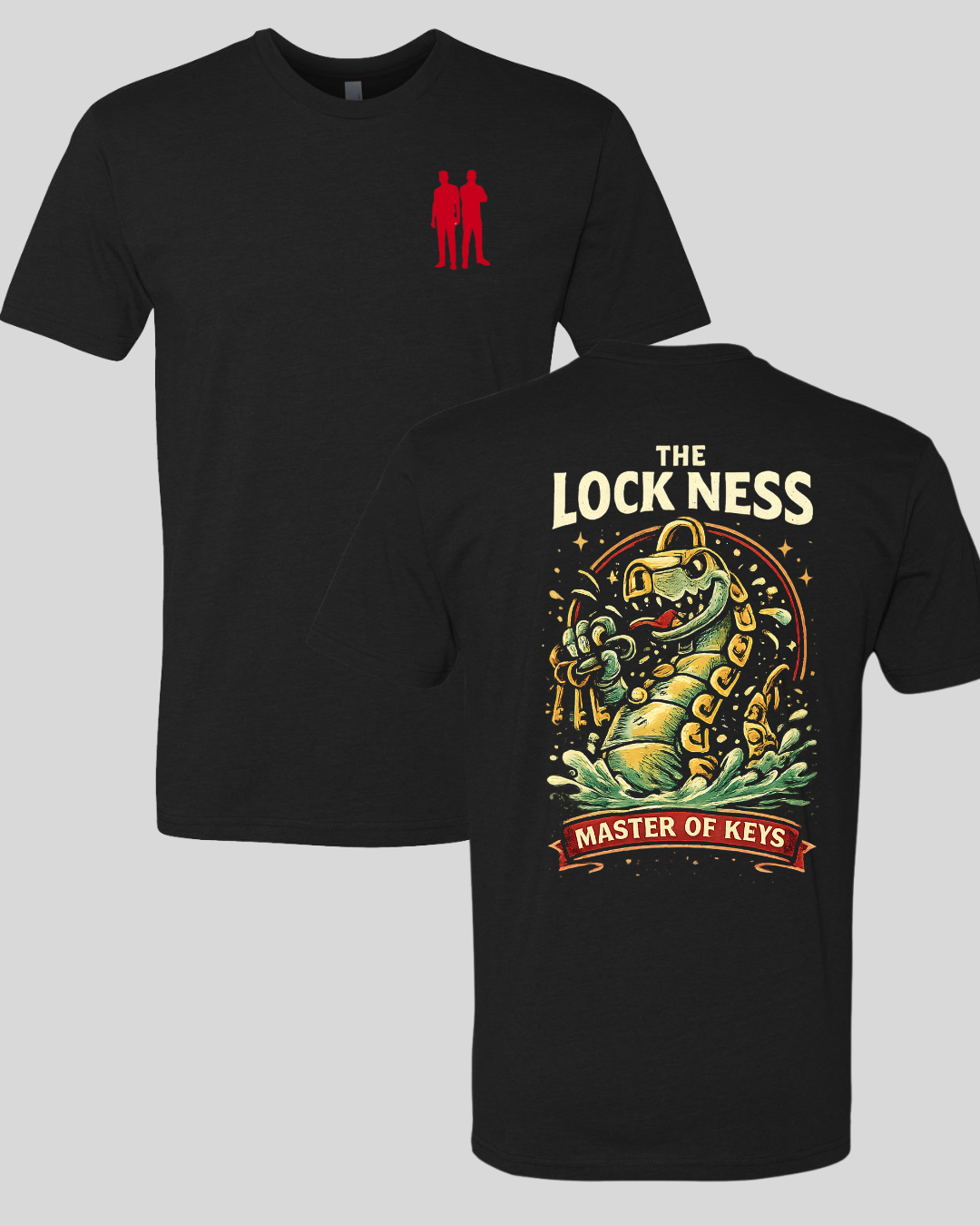 Your Car Key Guys Black T-Shirt, Lockness Monster Back Design