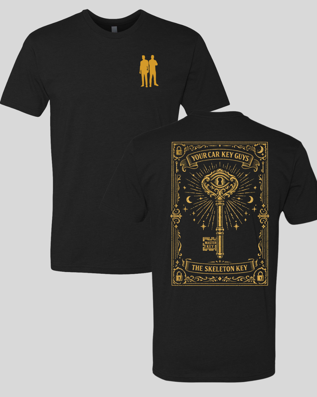 Your Car Key Guys Black T-Shirt, Gold Skeleton Key Back Design